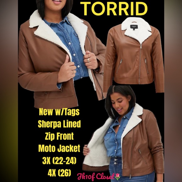 🍁NWT TORRID 3X(22-24) SHERPA LINED COGNAC BOMBER JACKET - Picture 13 of 14